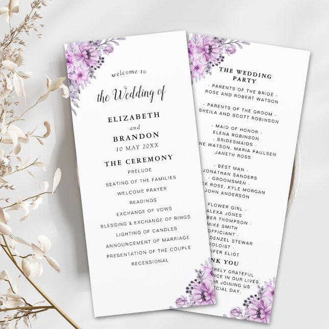 Programa Elegant Violet Watercolor Flowers - Wedding  (Criador carregado)