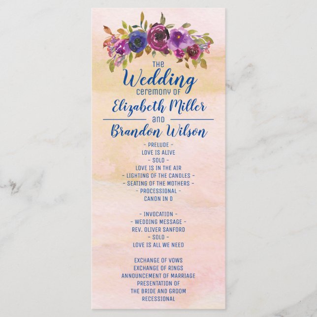 Programa Elegante Água-marinha Floral Ouro Casamento (Frente)