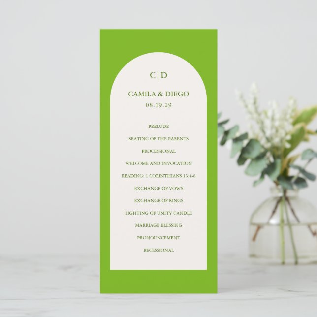 Programa Elegante Arco Verde Vibrante Casamento Moderno (Em pé/Frente)