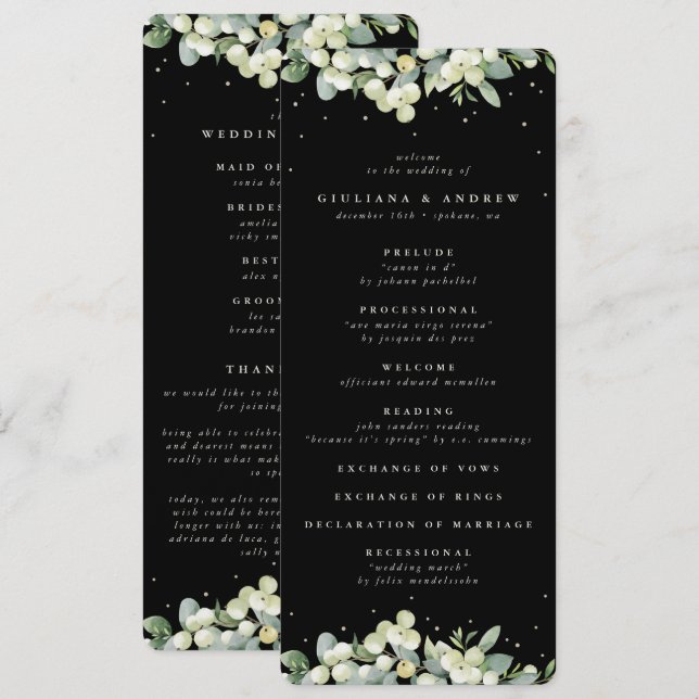 Programa Elegante Bola-de-Neve Preta + Eucalipto Casamento  (Frente/Verso)