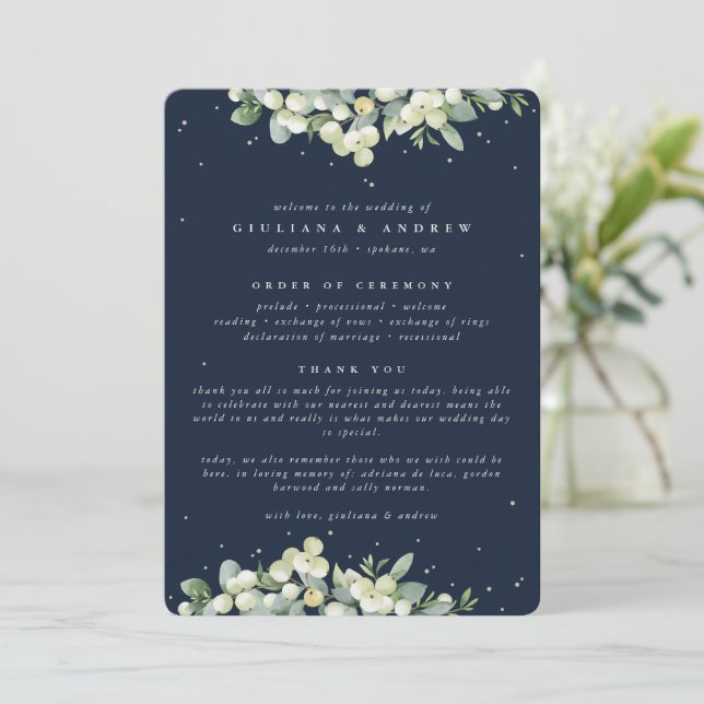 Programa Elegante Casamento de Inverno em Azul Naval e Snow (Em pé/Frente)