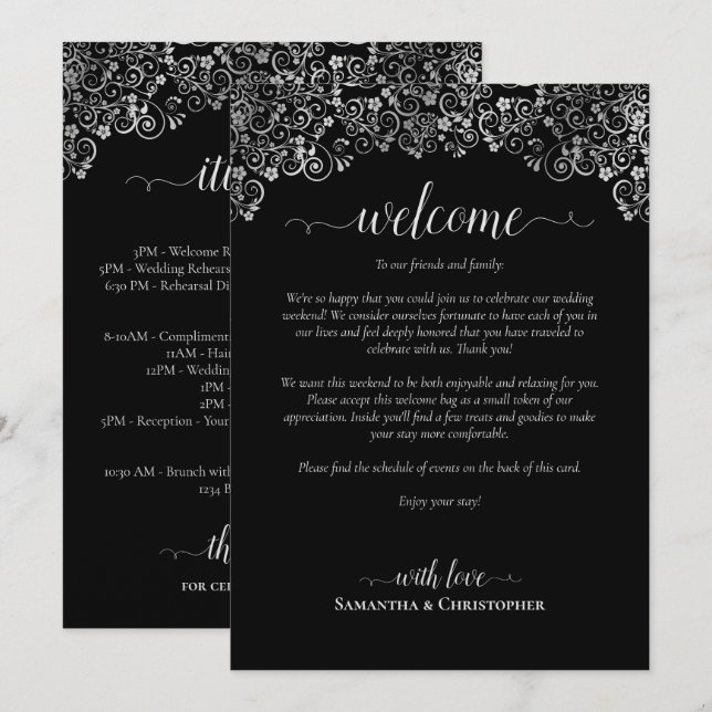 Programa Elegante Casamento Preto e Prata Bem-vindo e Itine (Frente/Verso)