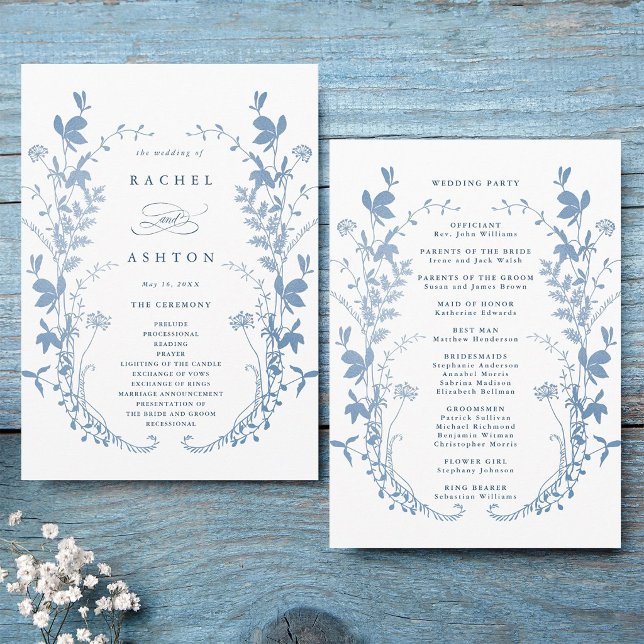 Programa Elegante Cerimônia de Casamento Botânico Azul Fran (Front & Back)