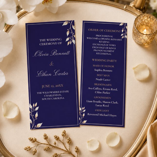 Programa Elegante Cerimônia de Casamento Botânico Azul Nava (Criador carregado)