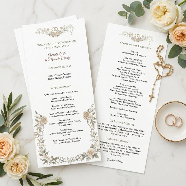 Programa Elegante Cerimônia de Casamento Católica com Rosas (Criador carregado)