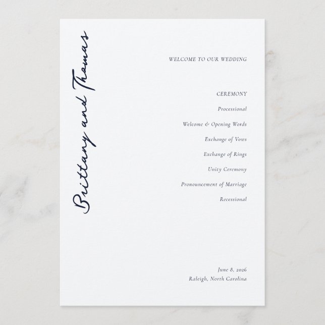 Programa Elegante Cerimônia de Casamento com Caligrafia Pre (Frente)