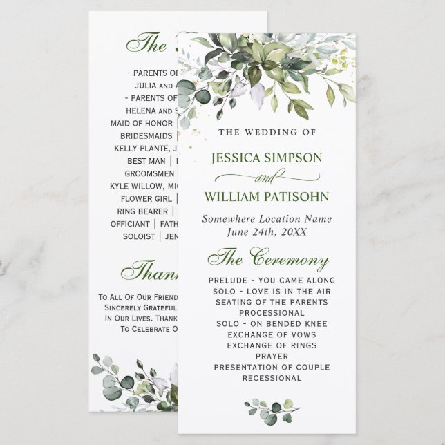 Programa Elegante Cerimônia de Casamento com Eucalipto em A (Frente/Verso)
