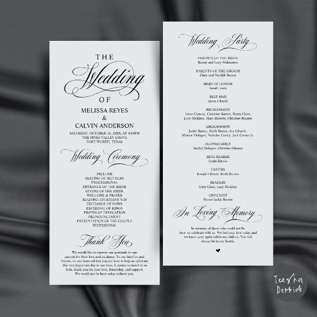 Programa Elegante Cerimônia de Casamento com Letra Cinza Re (Elegant Chill Grey Script Wedding Ceremony Order Program Card)