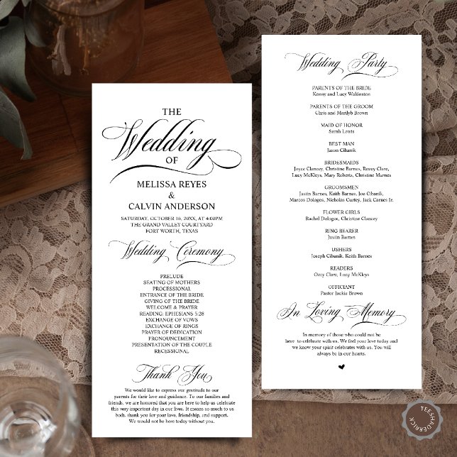 Programa Elegante Cerimônia de Casamento com Letra em Preto (Elegant Cream and Grey Script Wedding Ceremony Order Program Card in Black and White)