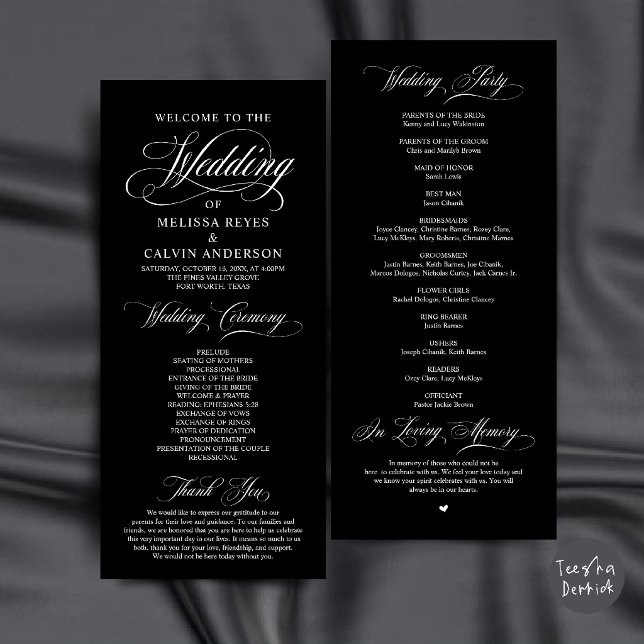 Programa Elegante Cerimônia de Casamento com Letra Preta e  (Elegant Classic Black and White Script Wedding Ceremony Program Card)