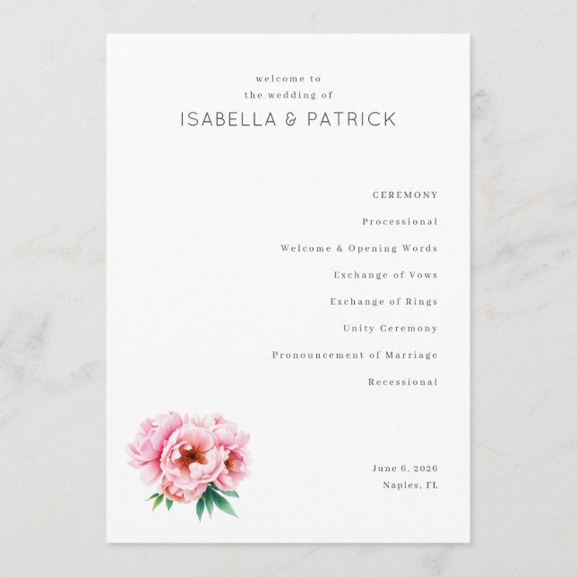 Programa Elegante Cerimônia de Casamento com Peônia Branca (Frente)