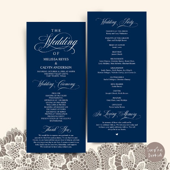 Programa Elegante Cerimônia de Casamento em Azul Marinho co (Elegant Navy Blue Script Wedding Ceremony Order Program Card)