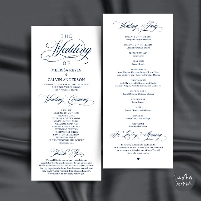 Programa Elegante Cerimônia de Casamento em Azul Marinho co (Elegant Navy Blue Script Wedding Ceremony Order Program Card)