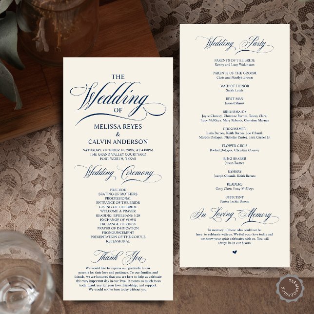 Programa Elegante Cerimônia de Casamento em Azul Naval e Ma (Elegant Cream and Grey Script Wedding Ceremony Order Program Card in Navy Blue and Ivory)