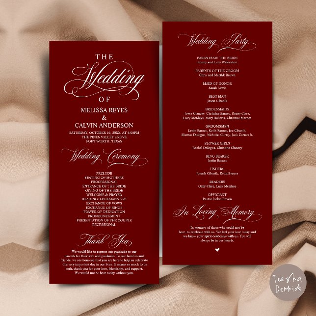 Programa Elegante Cerimônia de Casamento em Letra Burgundy (Elegant Burgundy Wine Red Script Wedding Ceremony Order Program Card)