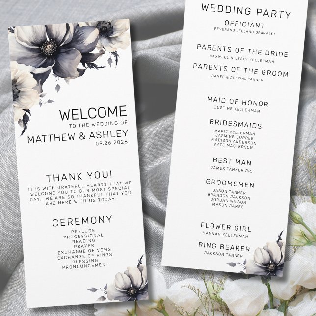 Programa Elegante Cerimônia de Casamento Floral Preto e Bra (Elegant Modern Floral Black White Wedding Ceremony Program)