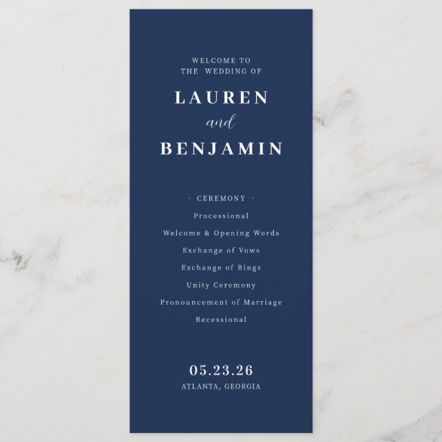 Programa Elegante Cerimônia de Casamento Formal Azul-Marinh (Frente)