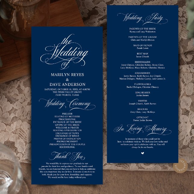 Programa Elegante Cerimônia de Casamento Formal Azul-Navy (Elegant  Navy BlueFormal Wedding Ceremony Classic Program Card)