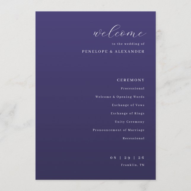 Programa Elegante Cerimônia de Casamento Tipográfica Roxa (Frente)
