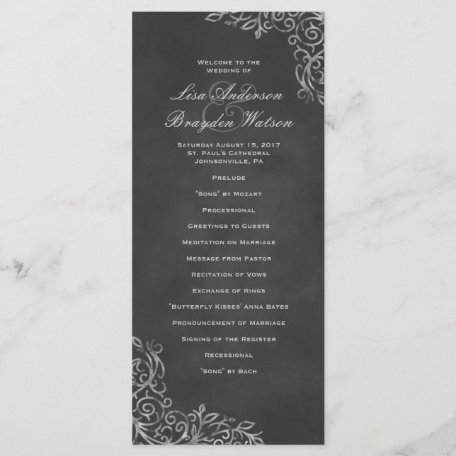 Programa Elegante Chalkboard Filigree Wedding Program (Frente)
