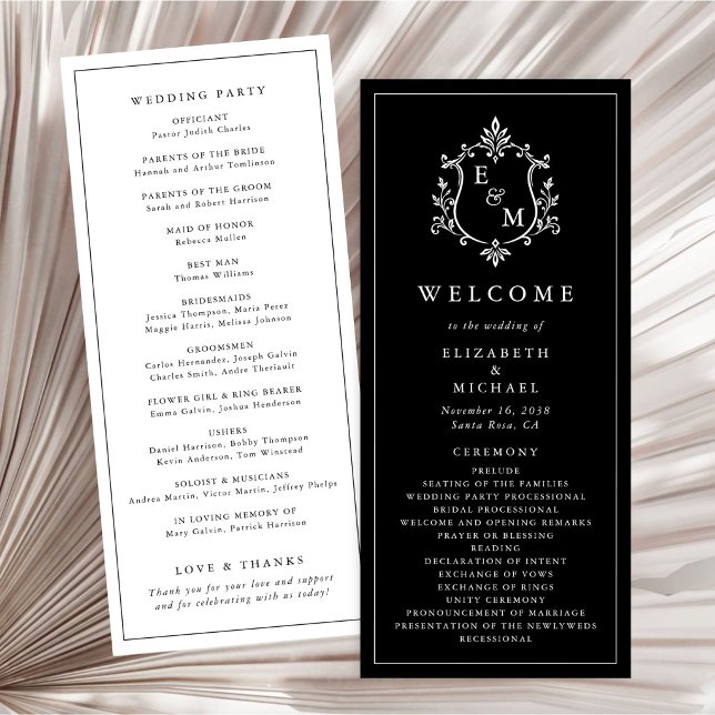 Programa Elegante Crista de Monograma para Cerimônia de Cas (Elegant Monogram Crest Wedding Ceremony Program)