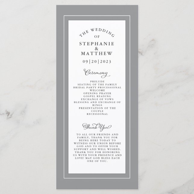 Programa Elegante da Cerimônia de Casamento Branco e cinzas (Frente)