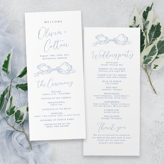 Programa Elegante de Casamento de Arcos Azuis e Du (Elegant Dusty Blue Hand Drawn Bow Wedding Program)