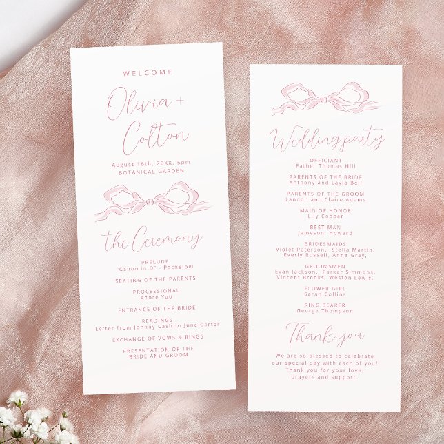 Programa Elegante de Casamento de Arcos Retirados  (Elegant Pink Hand Drawn Bow Wedding Program)
