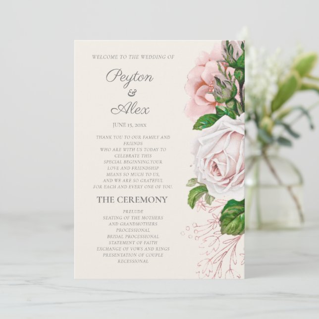 Programa Elegante de Casamento de Creme Floral Ros (Em pé/Frente)