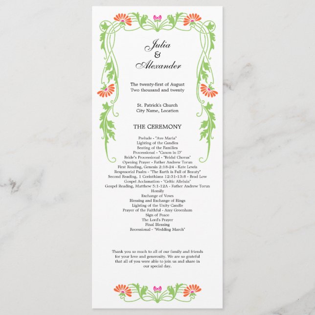 Programa Elegante de Casamento de Folhas e Rochas (Frente)