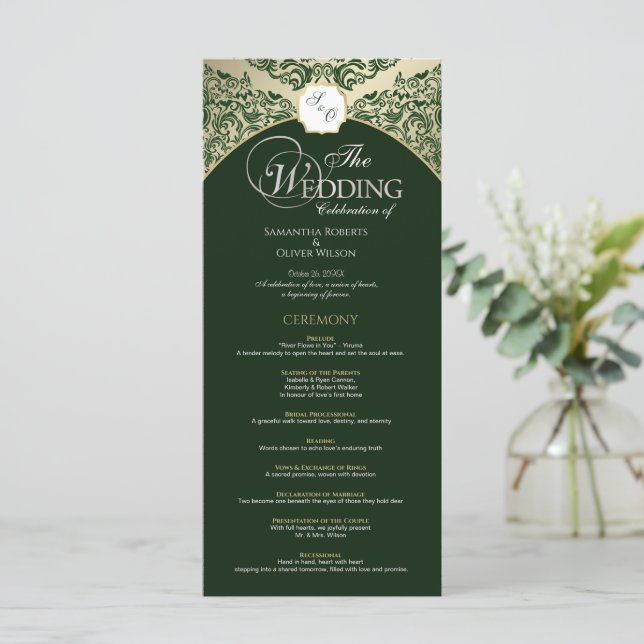 Programa Elegante de Casamento de Monogramas Verde (Em pé/Frente)