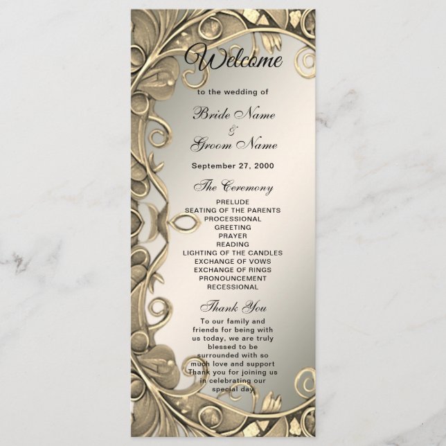 Programa Elegante de Casamento Decorativo Dourado  (Frente)