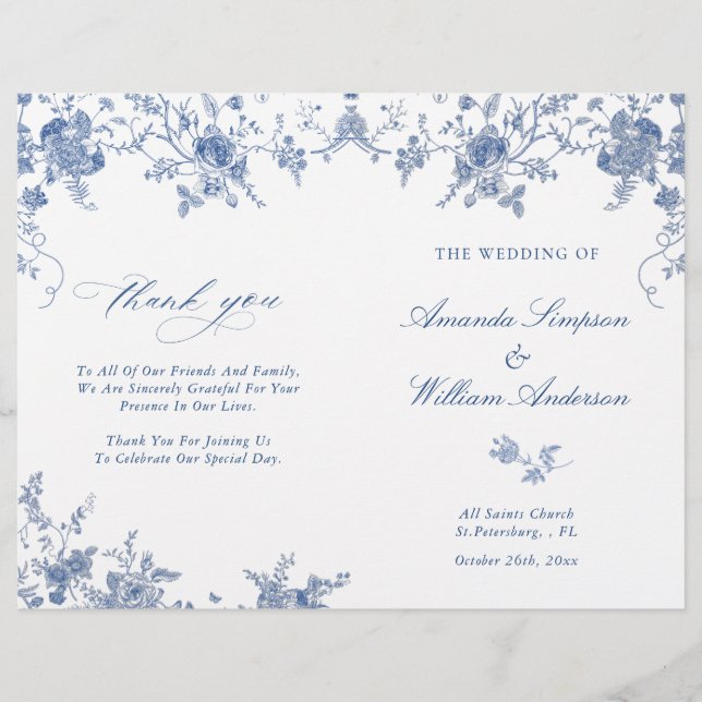 Programa Elegante de Casamento Floral Azul Vitoria (Frente)
