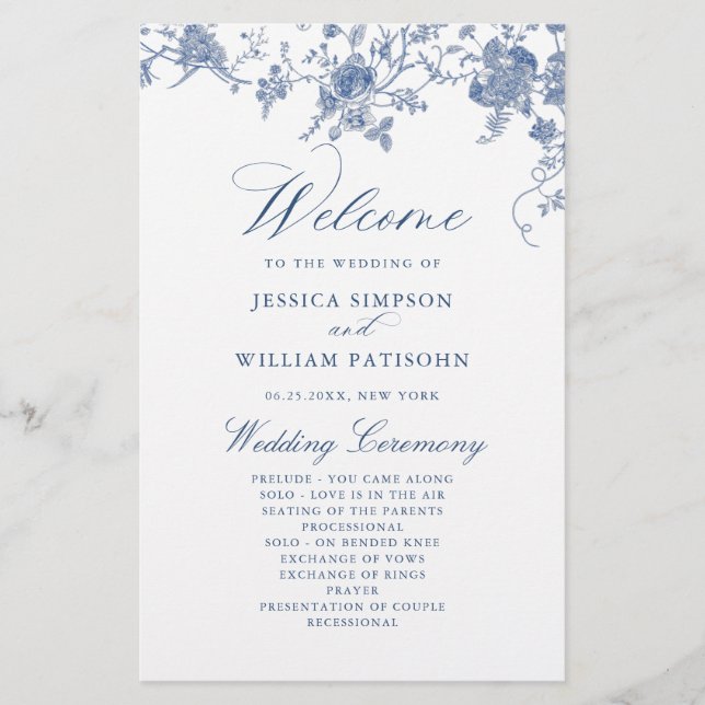 Programa Elegante de Casamento Floral Azul Vitoria (Frente)