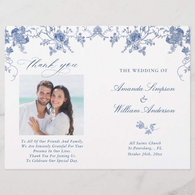 Programa Elegante de Casamento Floral Azul Vitoria (Frente)