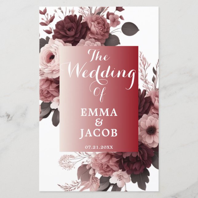 Programa Elegante de Casamento Floral de Borgonha  (Frente)
