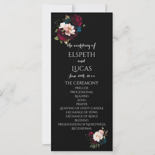 Programa Elegante de Casamento Floral Negro e Vibr (Frente)