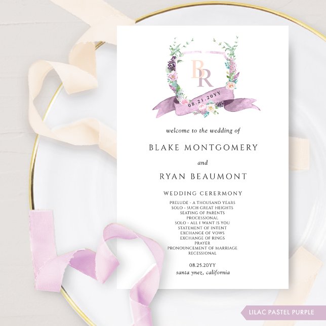 Programa Elegante de Casamento Lilac e Monograma R (Criador carregado)