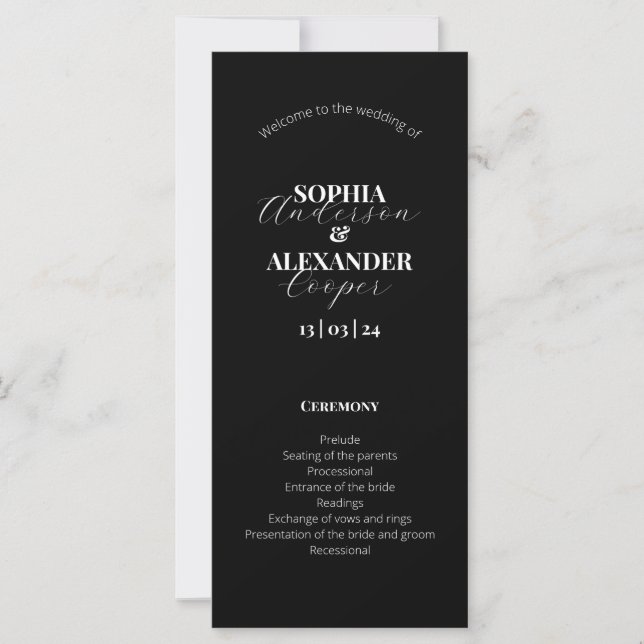 Programa Elegante de Casamento Mínimo a Preto e Br (Frente)