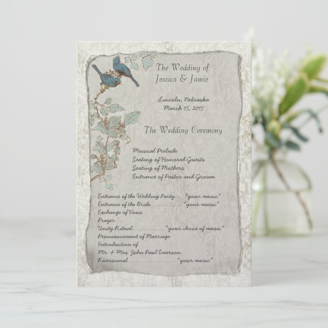 Programa Elegante de Casamento tema damasco de Ave (Em pé/Frente)