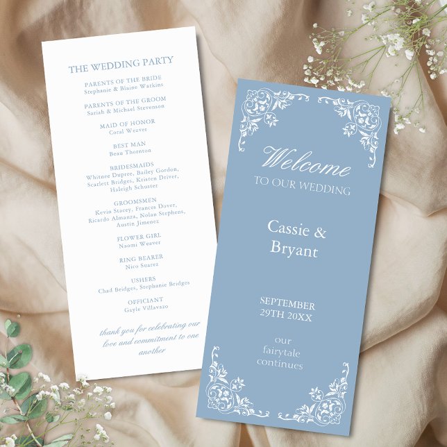 Programa Elegante de Casamento vintage Clássico Br (elegant blue and white wedding program cards with bridal party and 2 sided design with border trim)
