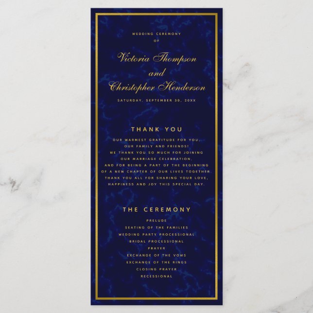 Programa Elegante de Cerimônia de Casamento Azul e (Frente)