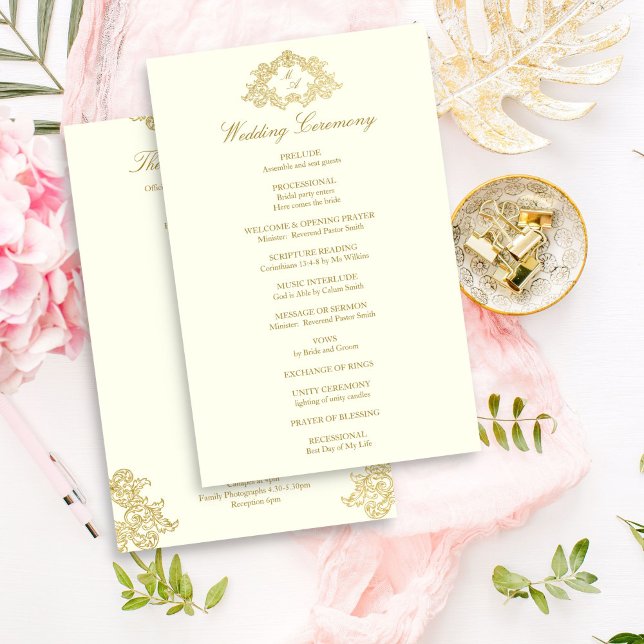 Programa Elegante de marfim e casamento vintage de (Elegant ivory and gold vintage ornament frame crest monogram wedding program template)