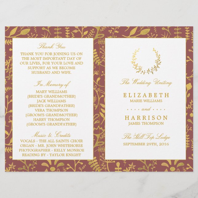 Programa Elegante Dourado de Casamento Floral (Frente)