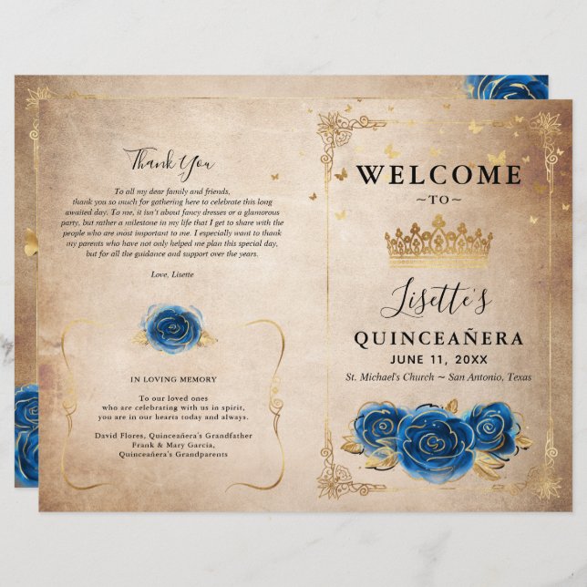 Programa Elegante Dourado e Royal Blue Quinceanera (Frente/Verso)
