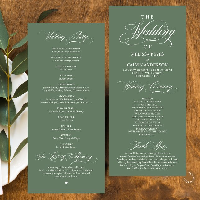 Programa Elegante e Sofisticado Casamento com Letra em Verd (Elegant Classy Sage Green Script Wedding Program Card)