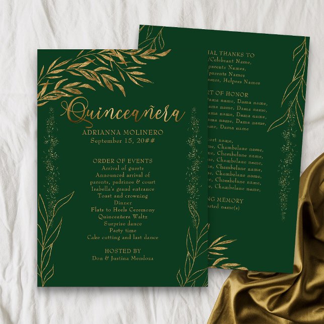 Programa Elegante Emerald Green e Dourada Leaf Quinceanera (Emerald Green Quinceanera Program from my Gold Leaf Quinceanera Collection)