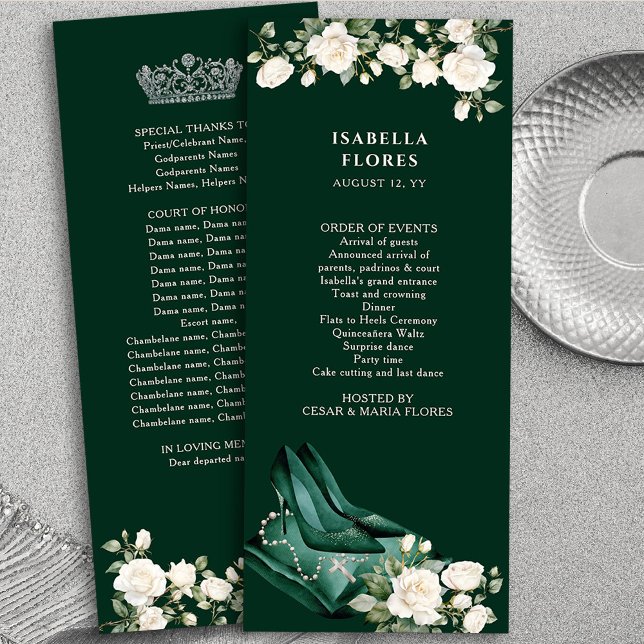 Programa Elegante Emerald Green Quinceanera Tiara e Rosas (Program Cards from the Princess Dress and Roses Quinceanera Collection by Darling & May)