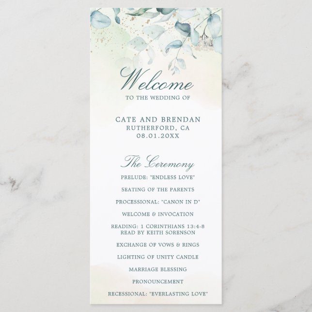 Programa Elegante Eucalipto Aquarela Casamento Verde (Frente)