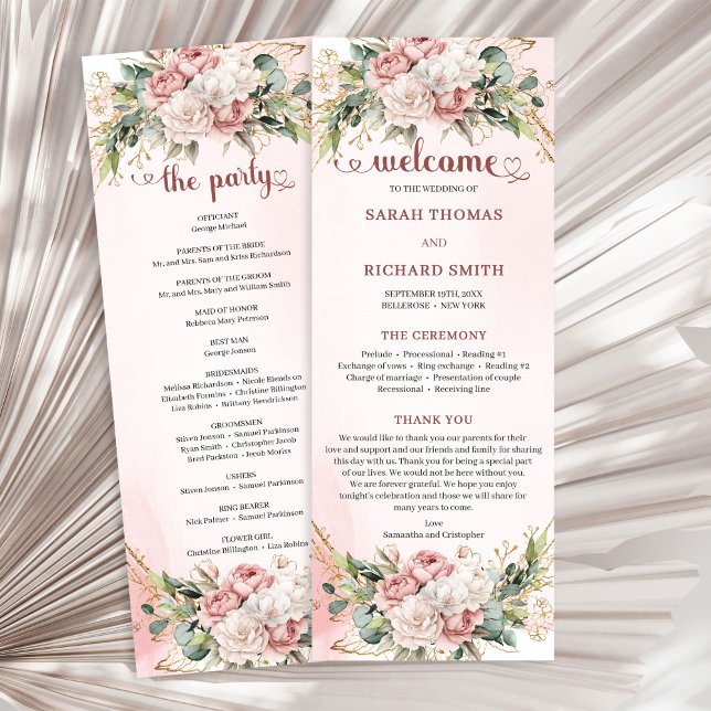 Programa Elegante Flor de Eucalipto em Dourado Rosado para  (Elegant Rose Gold Floral Eucalyptus Wedding Ceremony Program

)